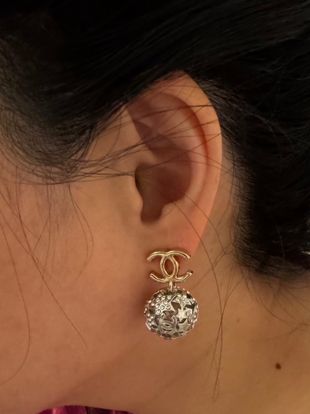 Rare Limited Edition Chanel Gold CC Logo Crystal Ball Dangle Drop Earrings - Picture 3 of 4